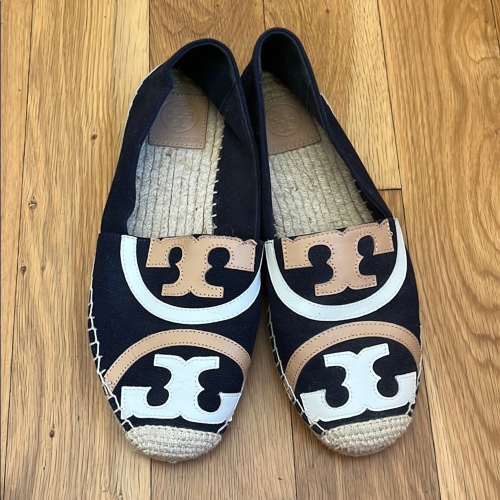 Tory Burch Black/tan/Cream Espadrilles size 8.5 EUC